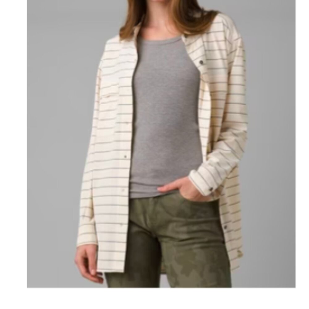 Prana Railay tunic White and gray oversized striped long sleeve button up shirt.